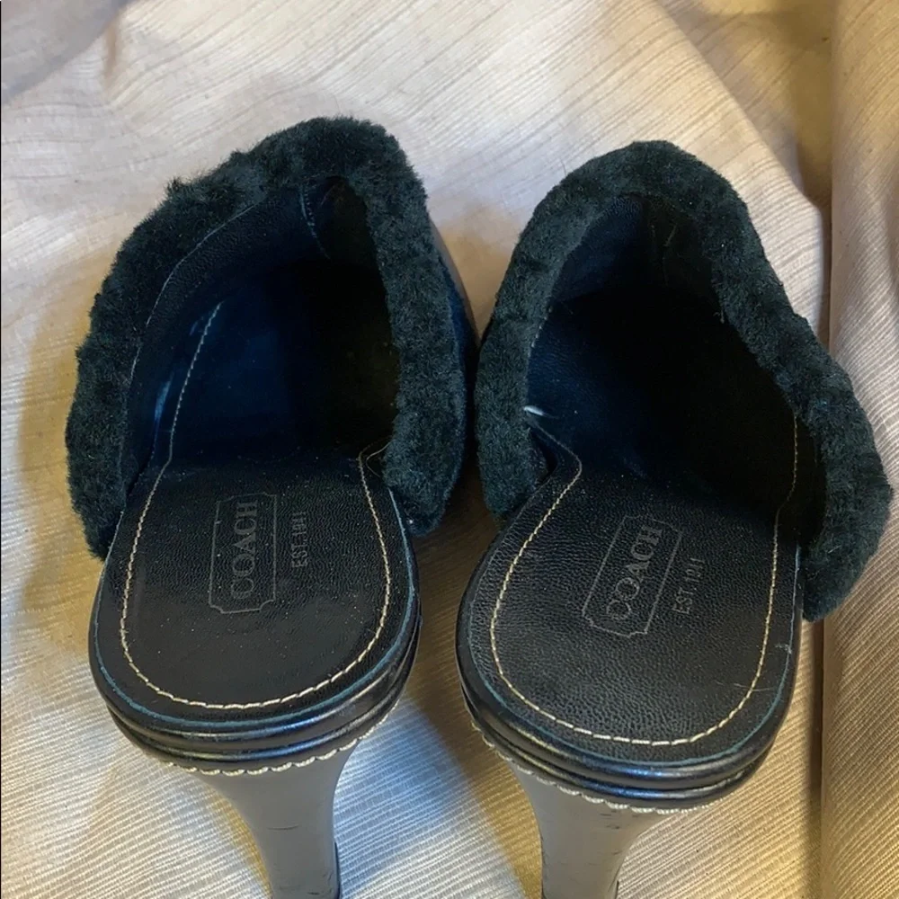 Coach leather furry heeled mules super comfortable